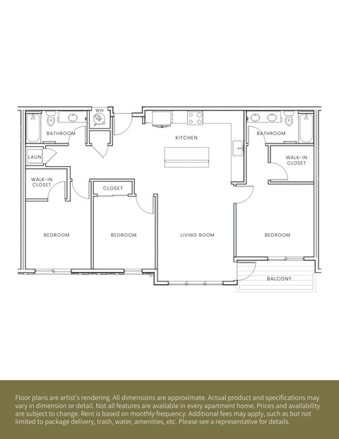 A floor plan of an apartment with a living room, kitchen, and three bedrooms.